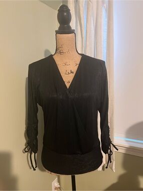 White House Black Market Black V-Neck Ruched Sleeve Blouse